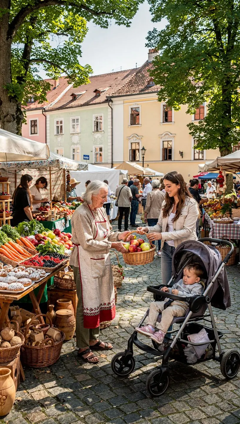 Historická dedina s tradičnými drevenými domami a kostolom v malebnom horskom prostredí.